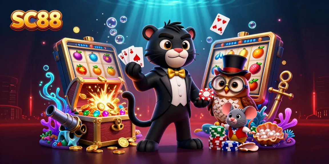 SC88 showcases a stylish black panther dealing cards in a vibrant casino-inspired underwater scene.