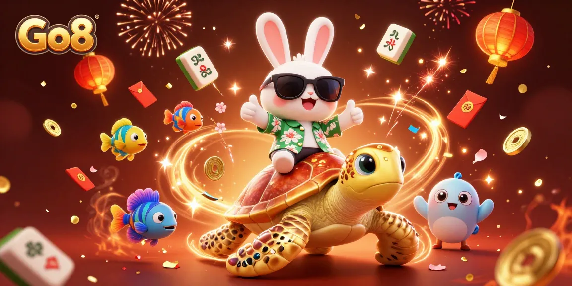 Engage with Go8 as a lucky rabbit celebrates winning moments on a vibrant casino-themed sea turtle.