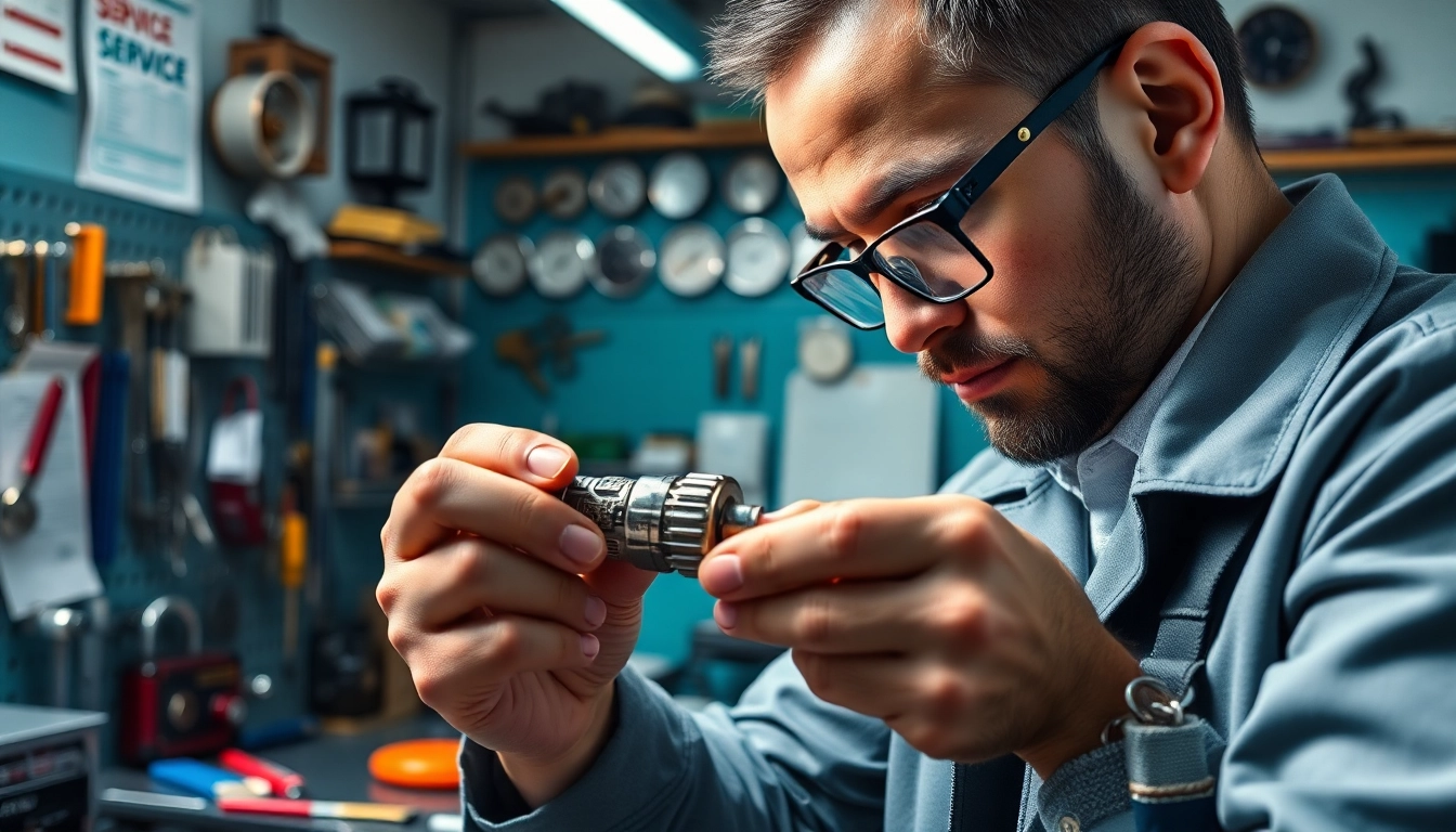 Expert Essex Locksmith working meticulously in a modern workshop with various tools.