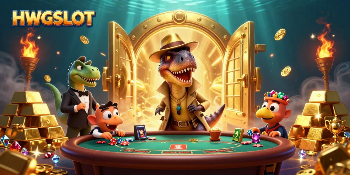 Join the HWGSLOT adventure with a velociraptor card counter and treasure-filled scene.