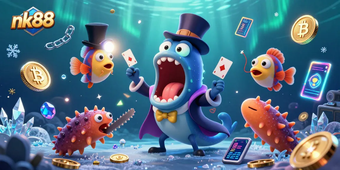 Experience nk88's thrilling gambling vibes with a 3D underwater magic show featuring unique sea creatures and glowing cryptocurrency elements.