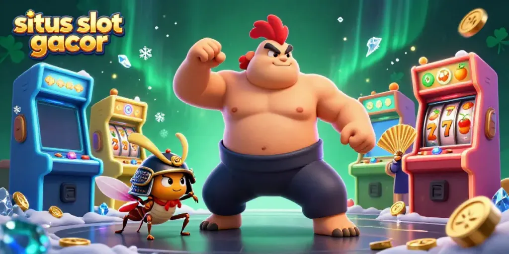 Experience excitement with situs slot gacor as a powerful sumo rooster and samurai cricket battle it out in a vibrant casino scene.