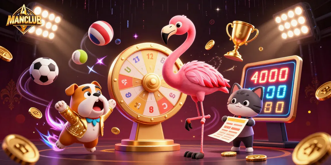 Join the excitement at Manclub with an animated prize wheel and gaming elements in a captivating scene.