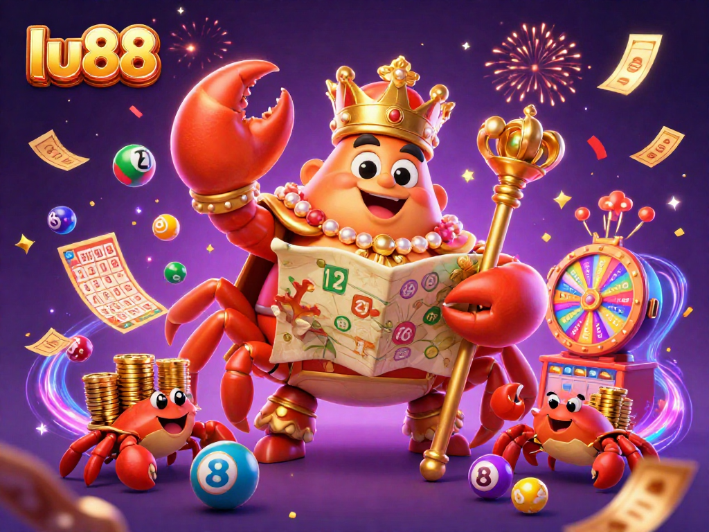 Win big at lu88 with the golden crab emperor amidst vibrant casino elements and confetti.