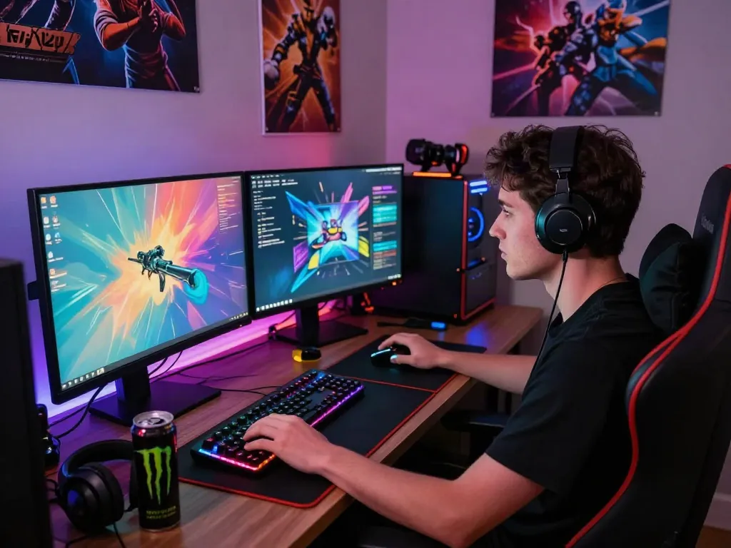 Gamer fokus menggunakan platform king128 dengan perangkat gaming canggih.