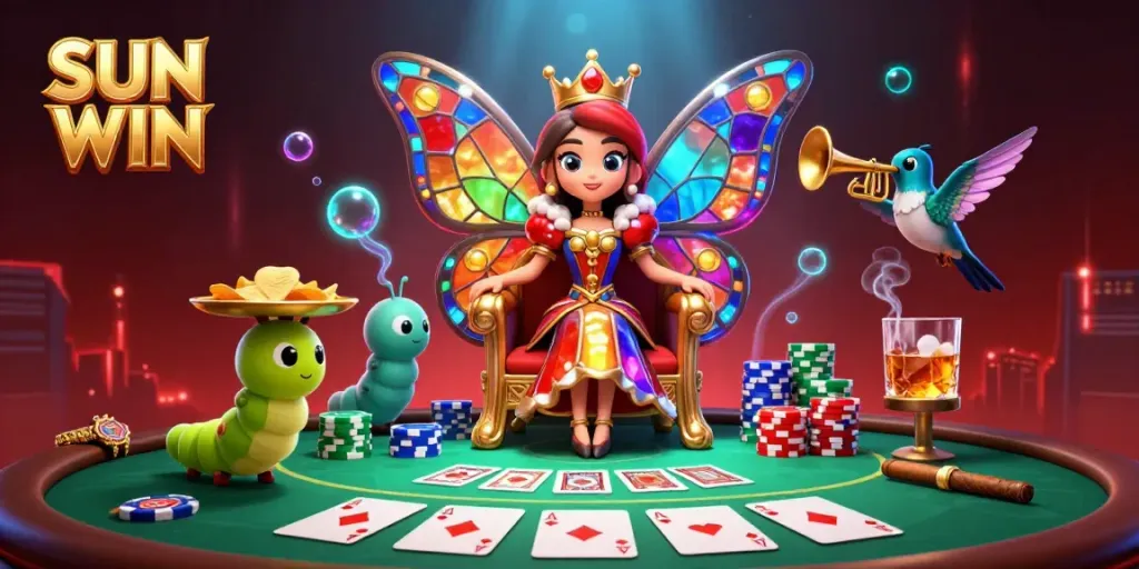 Engaging SUN WIN illustration featuring a cartoon butterfly queen surrounded by poker elements, symbolizing thrilling gaming.