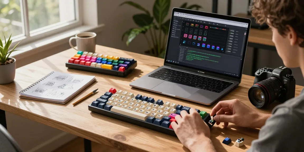 MCHOSE custom mechanical keyboard assembly scene with colorful switches, tools, and laptop.