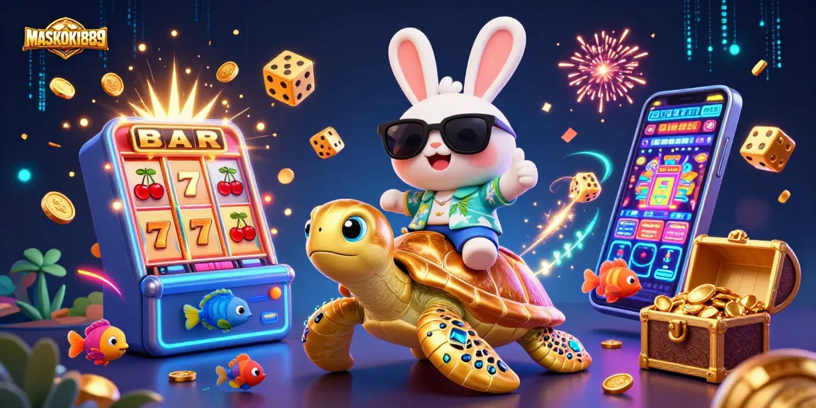 Experience the excitement of MASKOKI889 with a lucky rabbit and golden turtle amidst casino treasures.