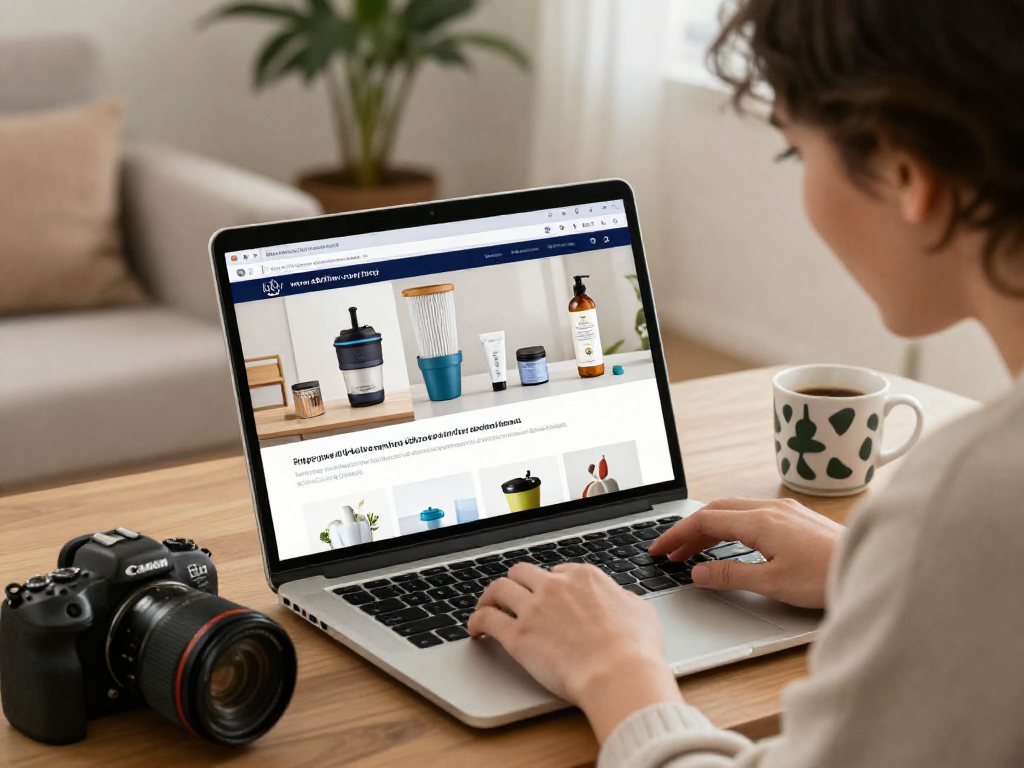 Person excitedly shopping at https://www.ebbfilter.com/shop, browsing lifestyle products on a modern laptop.