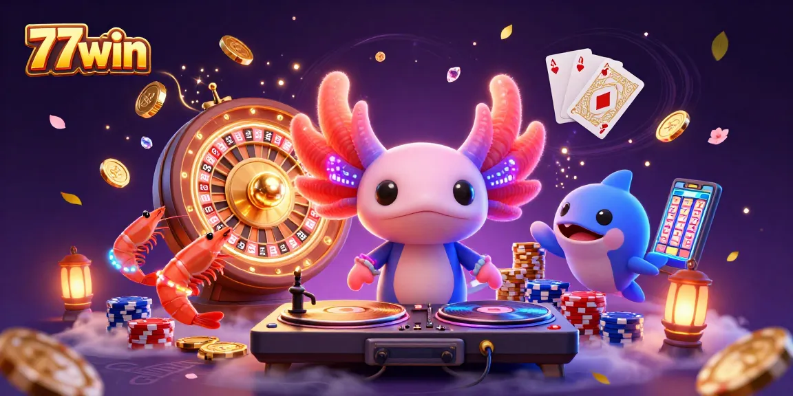 Experience the vibrant world of 77win with a neon axolotl DJ and dazzling casino elements.