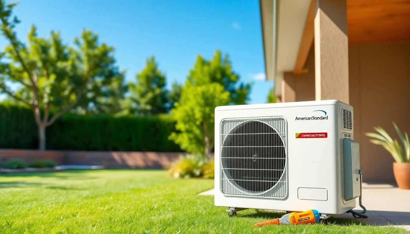 Install an American Standard AC unit in a sunny home environment with lush greenery.