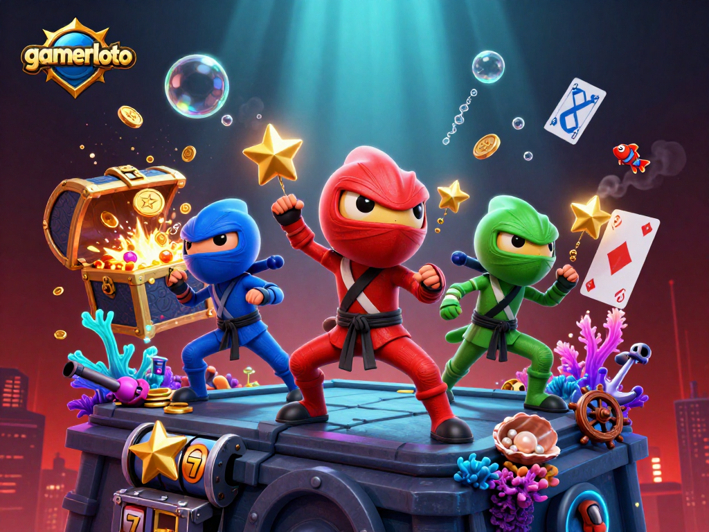Experience thrilling action with gamerloto's chameleon ninjas on a rooftop surrounded by dynamic casino elements.