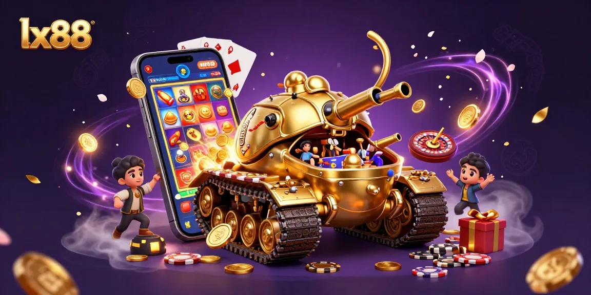 Experience the excitement of lx88 with a vibrant illustration of a golden beetle tank casino bursting with action.
