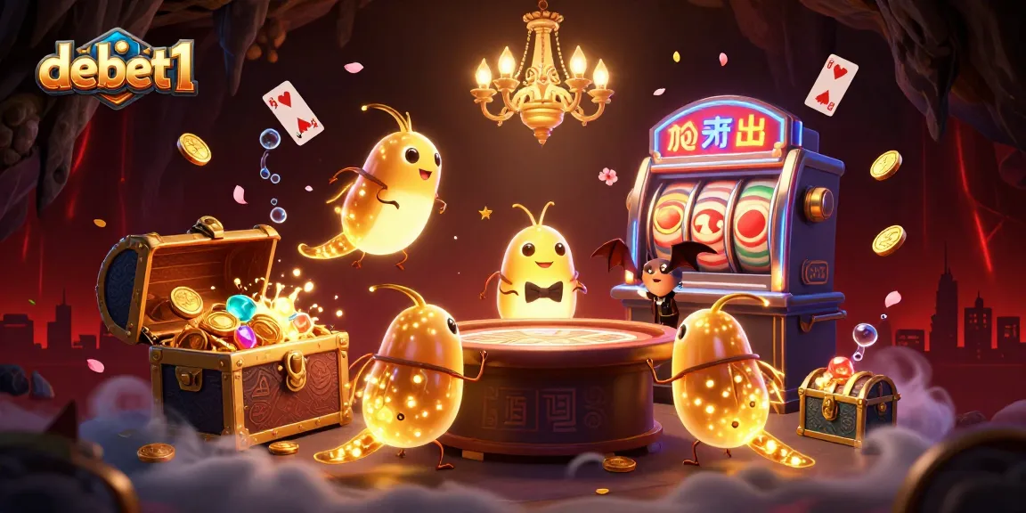 Experience debet1's vibrant casino scene with glowworms, a bat dealer, and spinning slot reels.