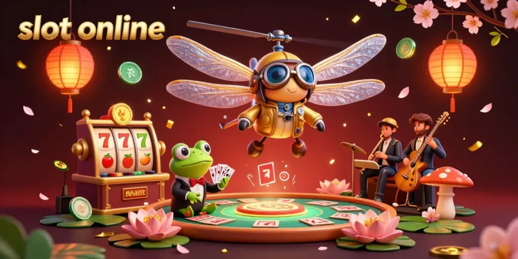 Engage with slot online at a vibrant lily pad casino featuring a dragonfly pilot and frog croupier.