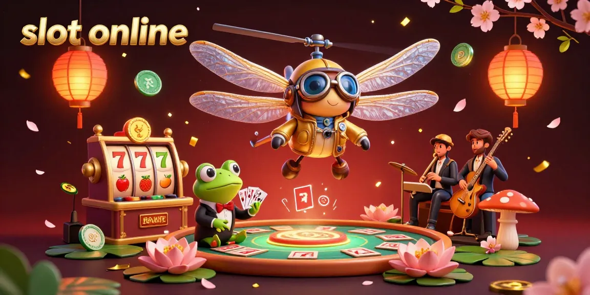 Engage with slot online at a vibrant lily pad casino featuring a dragonfly pilot and frog croupier.