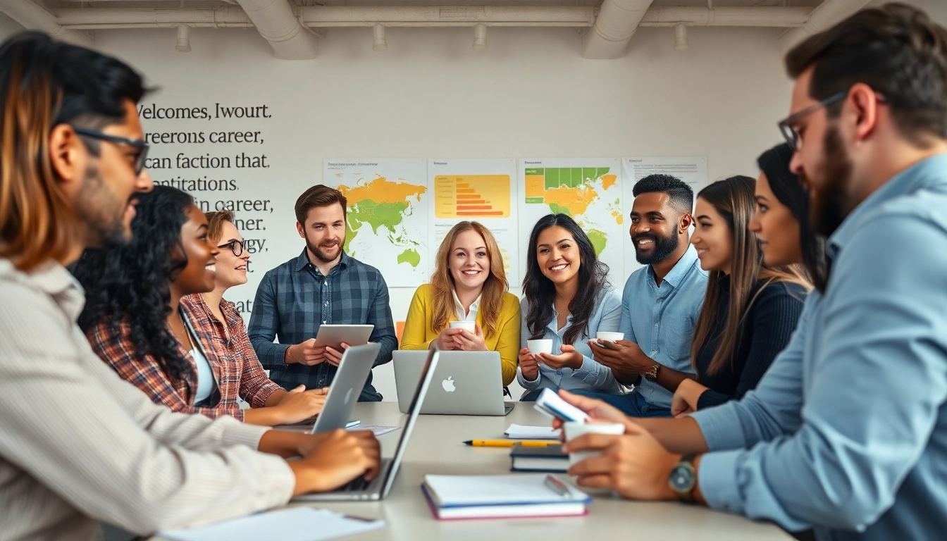 How to find my perfect career path illustrated by a diverse group in a bright office.