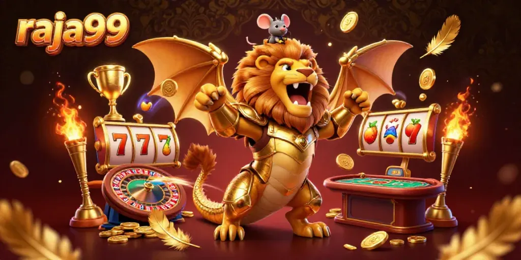 Experience the excitement of raja99 with a powerful chimera, slot reels, and vibrant casino elements.