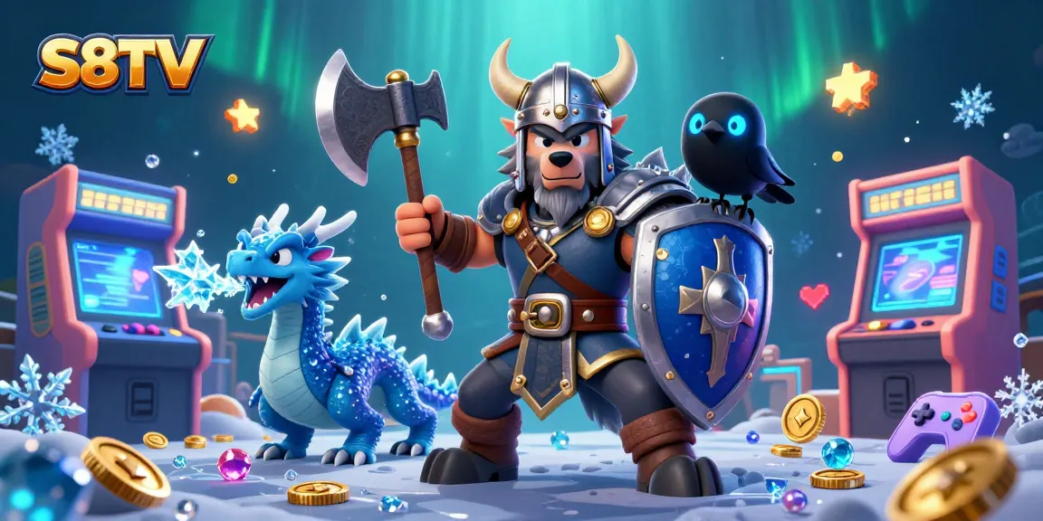 S8TV displays a Viking wolf warrior and fierce dragon amid dynamic arcade elements in an engaging casino scene.