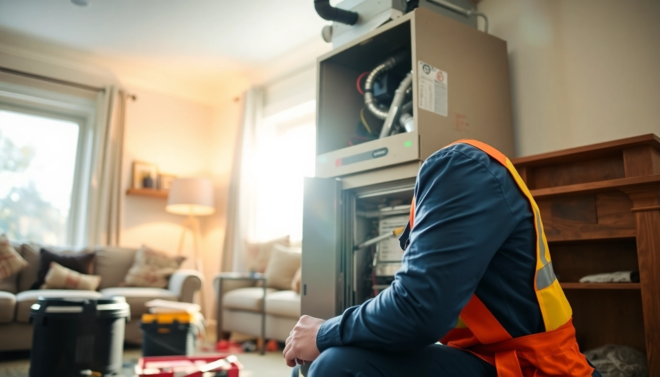Technician performing furnace installation ,pawling in a cozy living room.