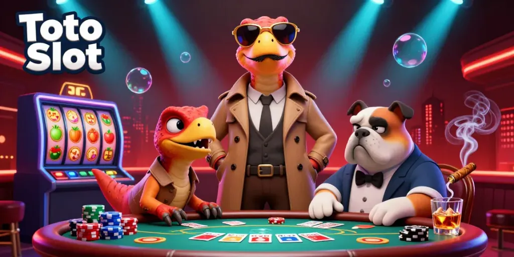Rasakan kehebohan Toto Slot dengan ilustrasi kartun raptor di kasino, berinteraksi dengan elemen permainan berkilauan.