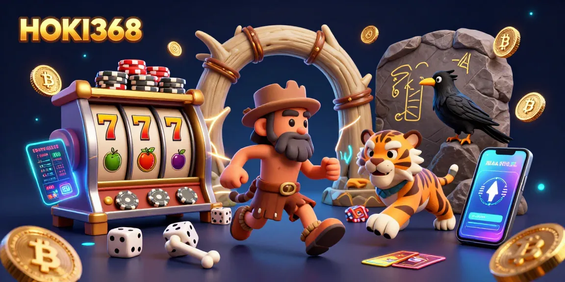 Get ready to play at HOKI368 with a vibrant prehistoric casino featuring a caveman, sabertooth, and crypto elements.