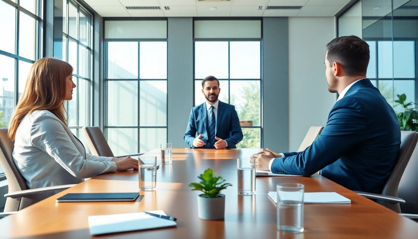 Mediation session: A mediator facilitating communication between parties in a bright conference room.