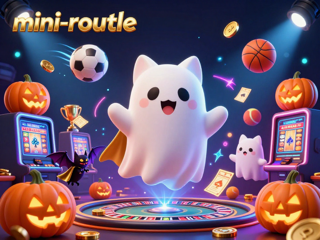 Engage with mini-roulette action as a ghost cat and bat companion illuminate a vibrant casino scene filled with dynamic sports elements.