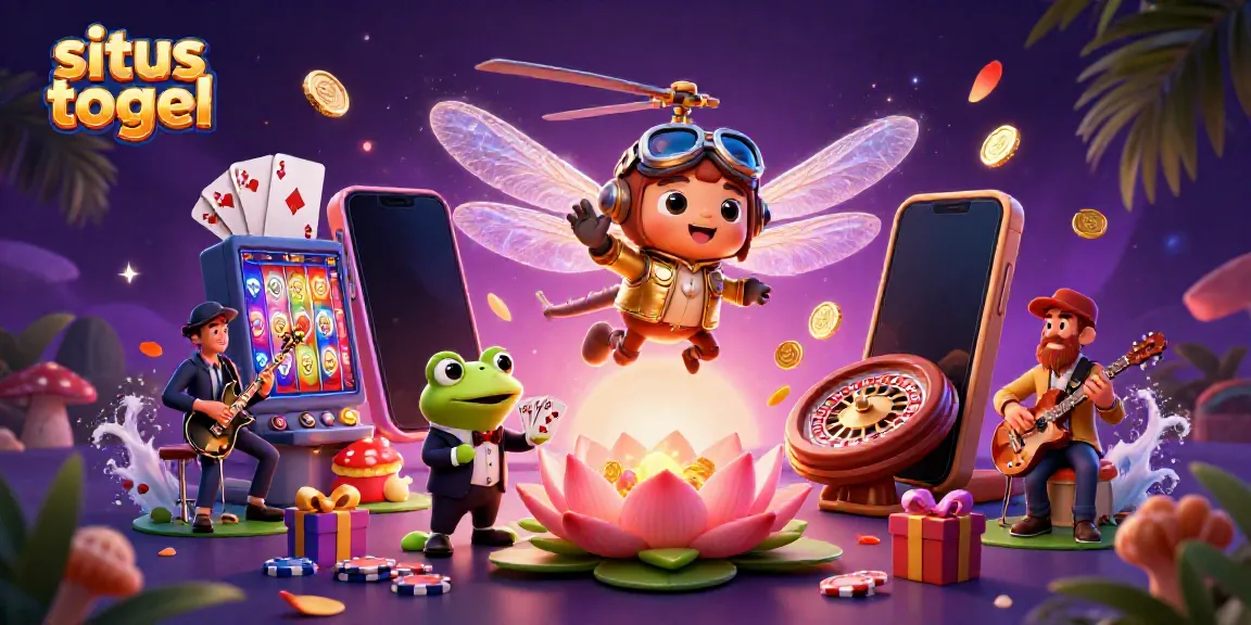 Experience situs togel excitement with a dragonfly pilot, frog dealer, and jazz musicians in a lively casino scene.