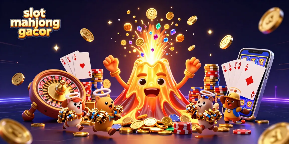 Experience slot mahjong gacor with a 3D golden volcano erupting treasures and vibrant casino elements.