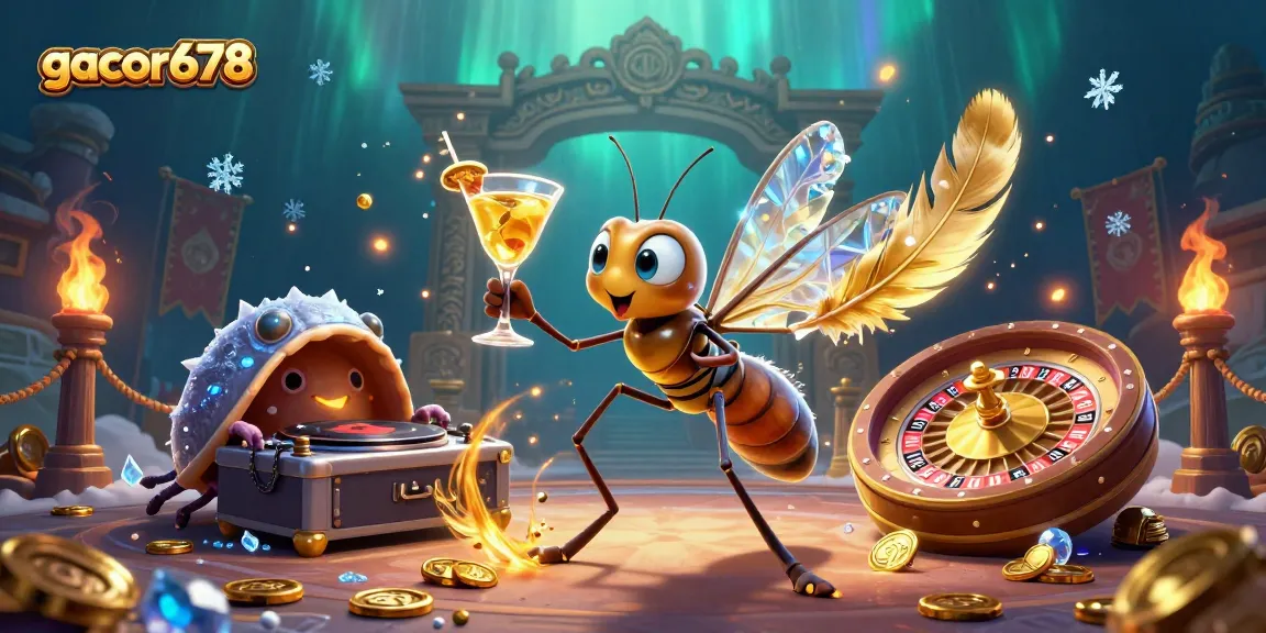 Engage with gacor678 in a vibrant casino scene showcasing a frozen mosquito as a mascot.