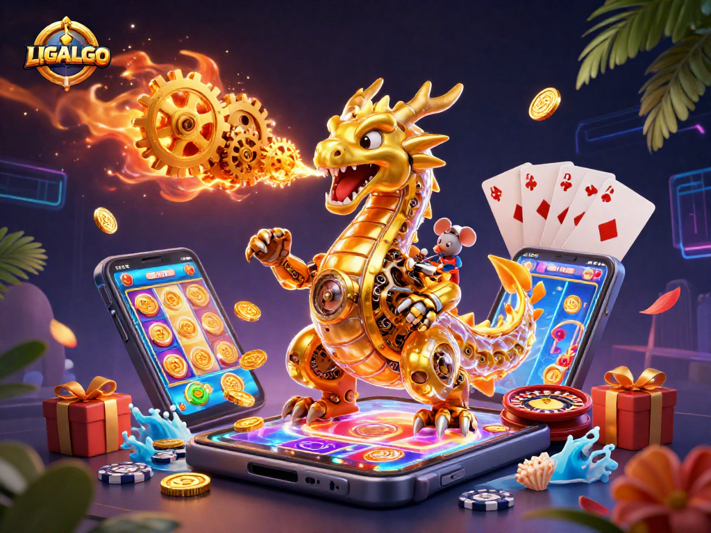LIGALGO reveals a vibrant 3D casino scene with a golden dragon and interactive gaming elements.