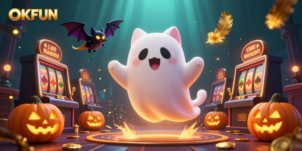 Experience thrilling slots with OKFUN's ghostly cat and bat in a haunted casino setting.