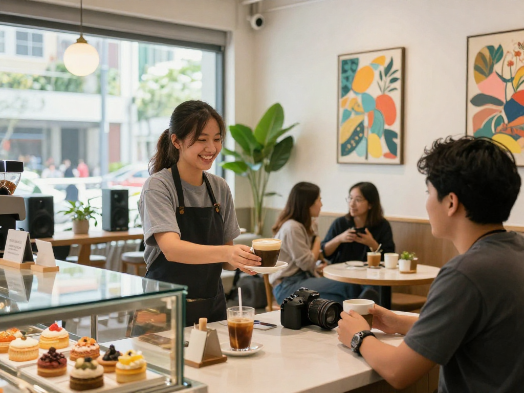 Buy Google Reviews Singapore in a vibrant café scene showing customer engagement and interaction.