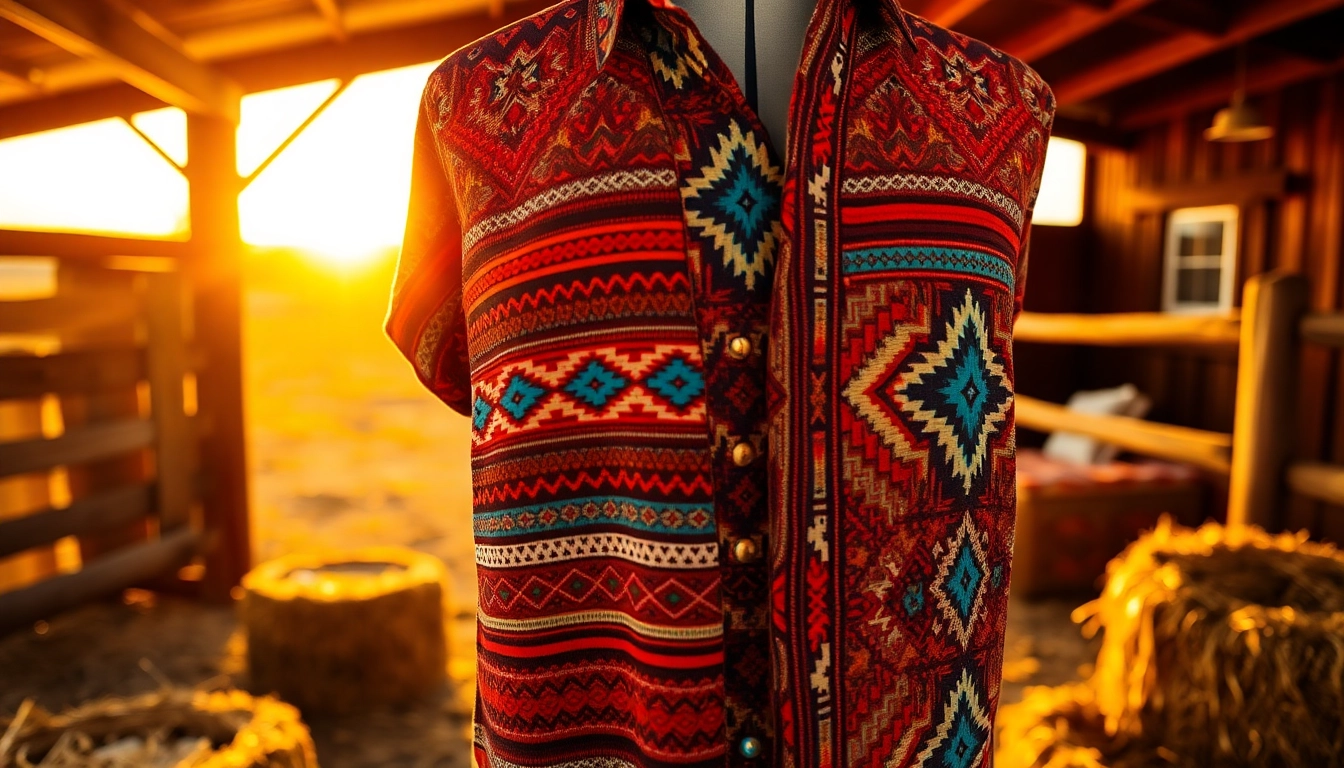 Showcasing Aztec Print Western Wear against a rustic backdrop, highlighting intricate designs.