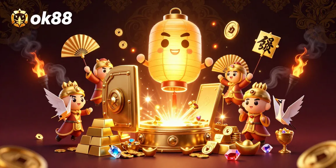 Engage in thrilling casino action at ok88 featuring a golden lantern spirit, vibrant warriors, and treasure.