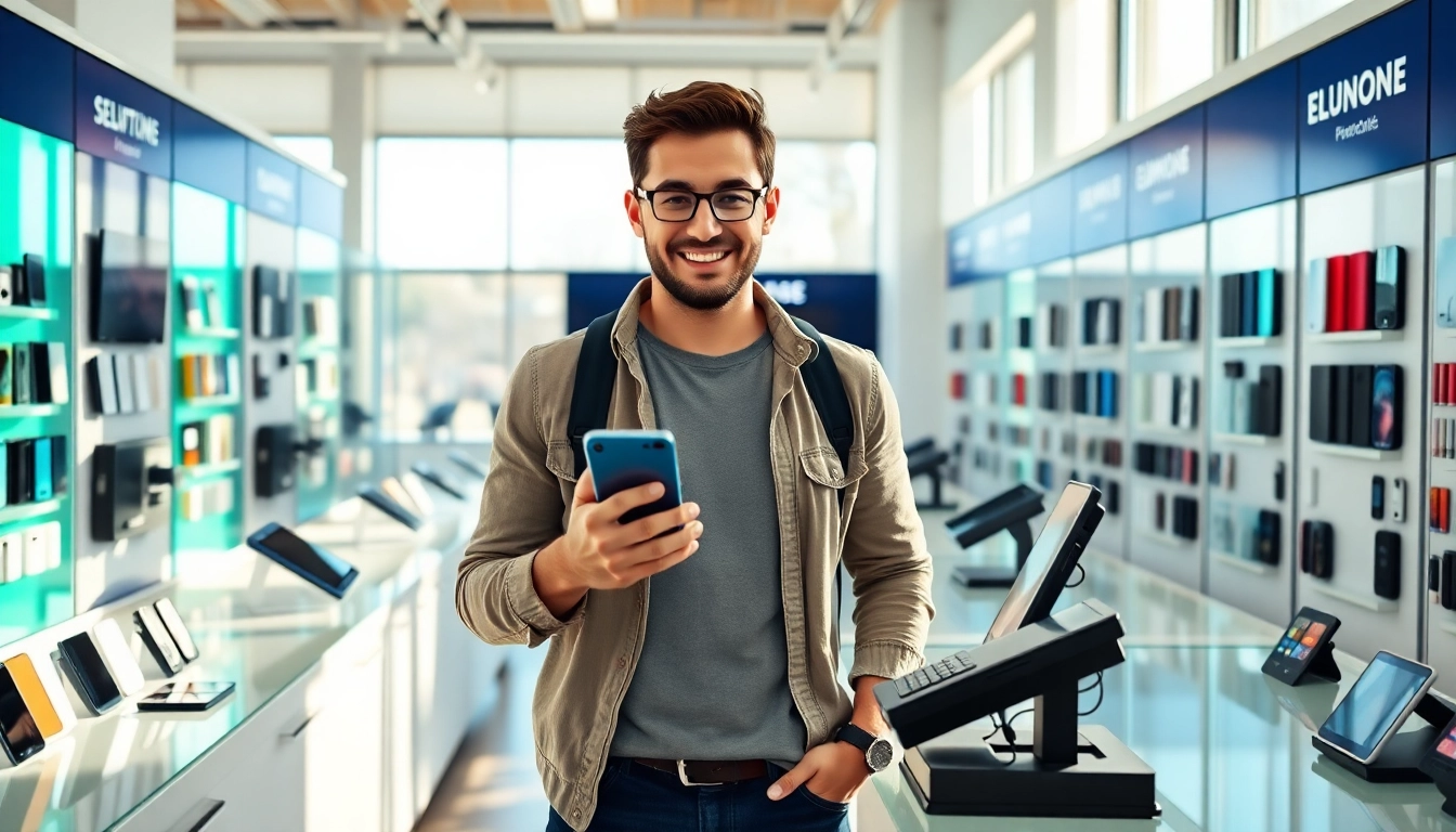 Engaged instant phone buyer in a modern store showcasing phones and cash exchange.