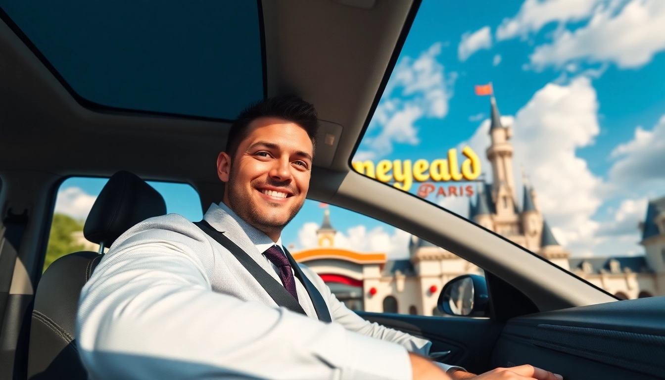 Travelers enjoy a taxi from charles de gaulle to disneyland paris, featuring a professional driver and iconic backdrop.