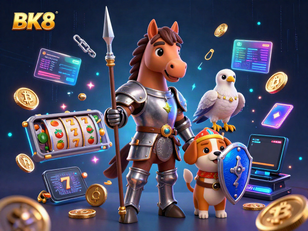 Engage with thrilling BK8 gaming action featuring dynamic knight and puppy in a vibrant casino setting.