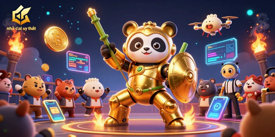 Engage with nhà cái uy tín through a vibrant 3D battle scene showcasing a golden panda mech in a thrilling casino arena