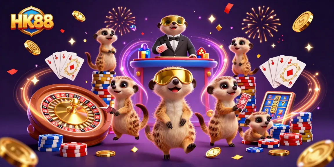 Bet big with HK88's engaging casino scene featuring meerkats and vibrant gaming elements.