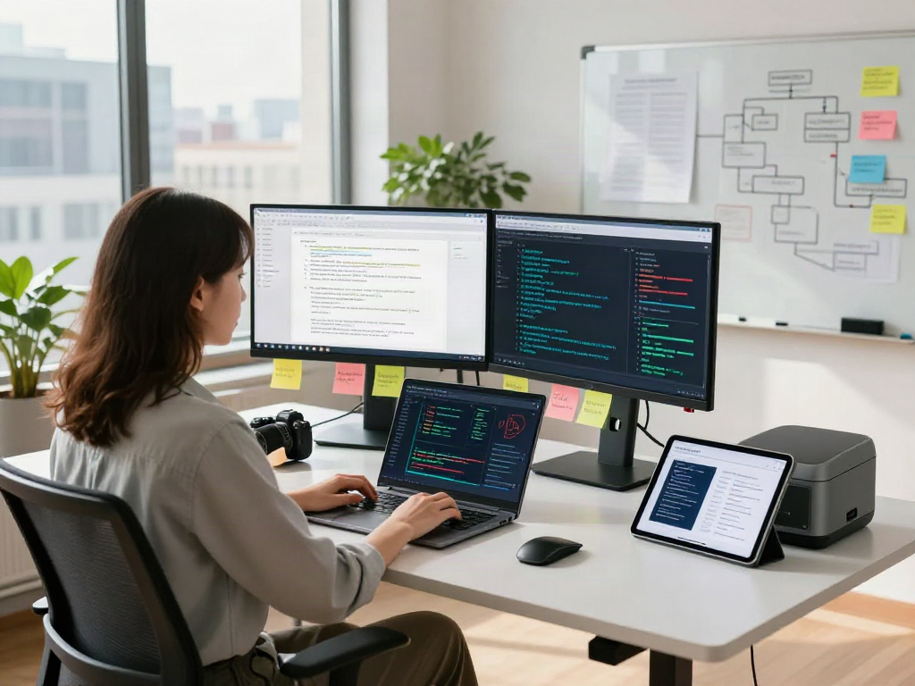 A data analyst working at a modern workspace, focused on document fraud detection software.