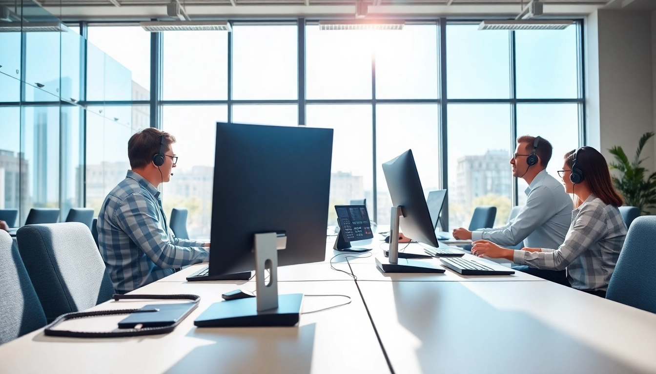 Showcase of business VoIP Glasgow in a modern office setting, highlighting sleek technology and collaboration.