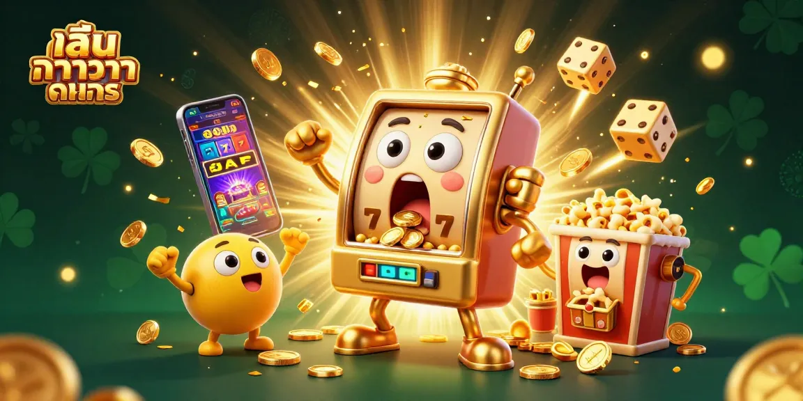 Play เล่นบาคาร่าทดลอง with a vibrant casino atmosphere featuring joyous slot machines, coins and light rays.