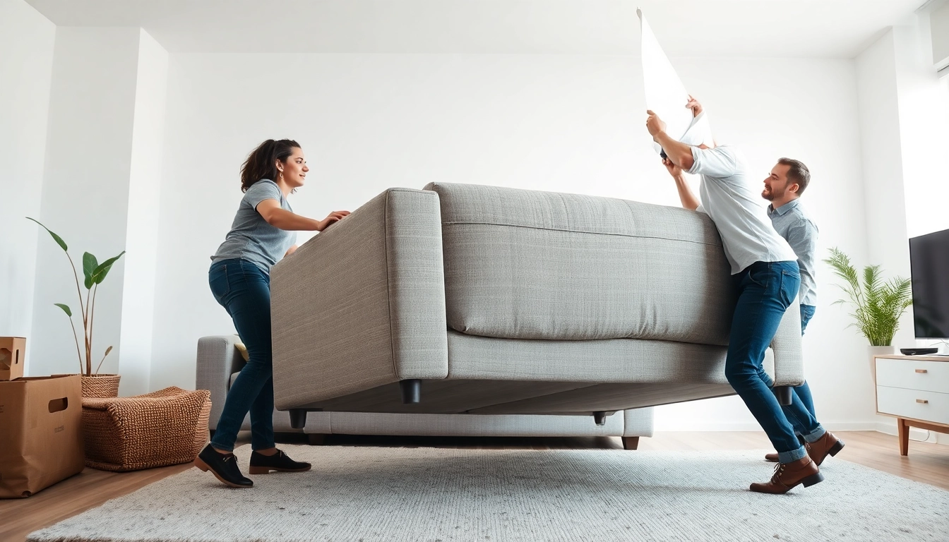 Couch removal by professionals in a tidy living room, showcasing the removal process.