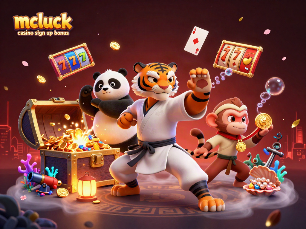 Engage with the McLuck casino sign up bonus in a vibrant 3D illustration showcasing exciting gaming themes.