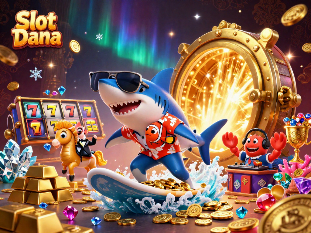 Slot Dana menghadirkan pengalaman slot dengan ikan hiu, clownfish, dan kepiting DJ berlarian dalam cahaya emas.