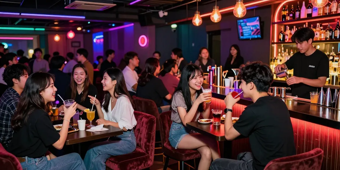 Dynamic scene of a lively 유흥사이트 with friends enjoying drinks and vibrant nightlife atmosphere.