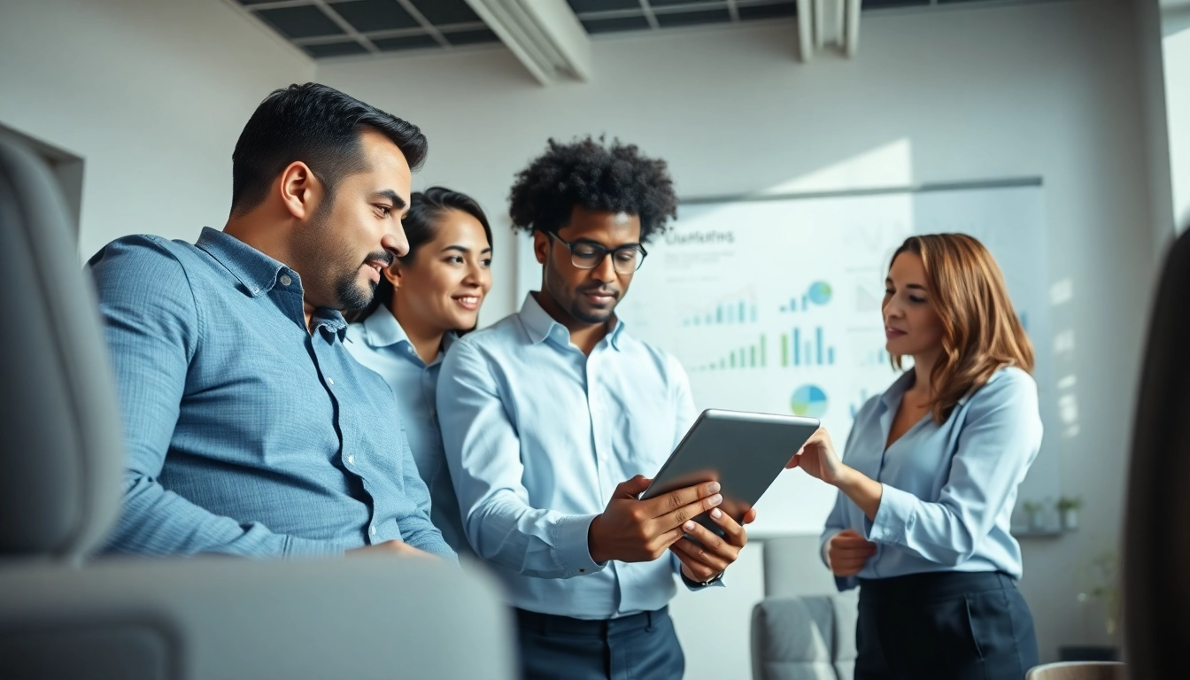 Engaging team discussing strategies at a performance marketing agency in a modern office.
