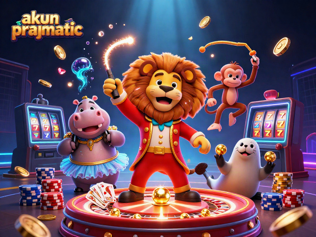 A dynamic scene featuring akun pragmatic characters celebrating casino wins with golden coins and roulette elements.